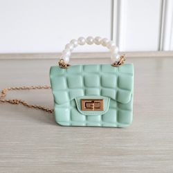 Womens Mini Mint Green Quilted Jelly Handbag with Faux Pearl Handle