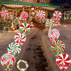 BEST SELLER 12 PCS Christmas Outdoor Yard Signs Candy Decorations Outdoor Peppermint LED Lights Xmas Yard Stakes Hanging Ornaments Holiday Garden Sign