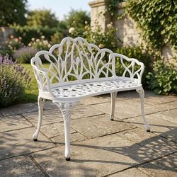 Outdoor Garden Bench, Cast Aluminum Patio Loveseat with Leveling Feet, Heavy-Duty All-Weather