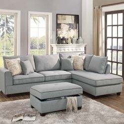 Brand New Light  Grey Sectional Sofa With Storage Ottoman