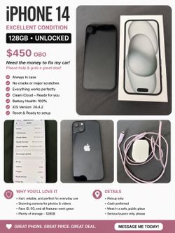 iPhone 14 128GB Unlocked Black – Excellent Condition w/ Box – $450 OBO