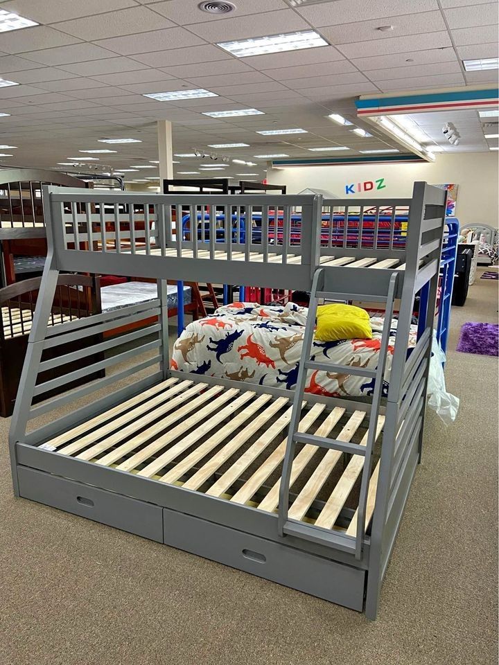 Ashton Grey 2 Drawers Wood Twin Over Full Bunk Bed 💐 New
