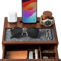 Holme & Hadfield Premium Wooden Phone Docking Station with Drawer – Nightstand Organizer for Charging Phone & Earbuds – Declutter Your Space with Felt