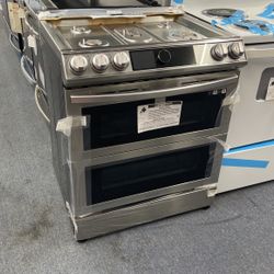 New Scratch And Dent Samsung 5 Burner Gas Stainless Steel Double Oven Slide In Range. 1 Year Warranty 