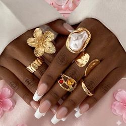 $10 (6) Pieces Fashion Gold Women's Elegant Floral Faux Pearl Ring Set, All Season Accessory, Gift for Parties ,Birthdays