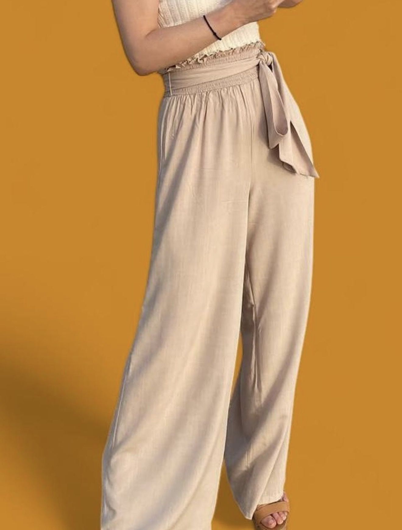 Beige Wide Leg Loose Trousers With Elastic Ruffled Waist And Fabric Belt