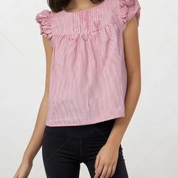 J Crew Pink Striped Ruffle Top Blouse Keyhole Back Pleated Sz S