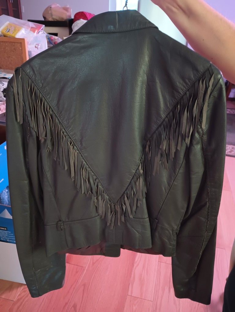 Men's Leather Jacket - Gray with Fringes -
