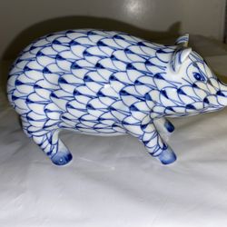 Andrea by Sadek Pig Figurine Blue & White Fishnet Pattern Hand Painted