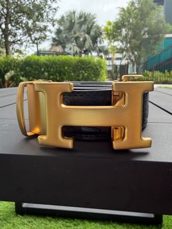 Men’s Adjustable H Buckle Belt Black Leather Gold