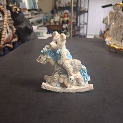 Cherished Teddies Figurine From Enesco, White Teddy Bear Riding A Rocking Horse, Painted Resin 4"W X 4.25"H