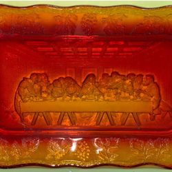 Vintage Indiana Amberina Glass Tiara Last Supper Glass Serving Platter