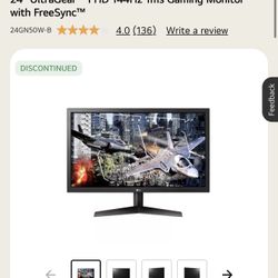 Lg 24'' UltraGear FHD 144hz 1ms Gaming Monitor with FreeSync