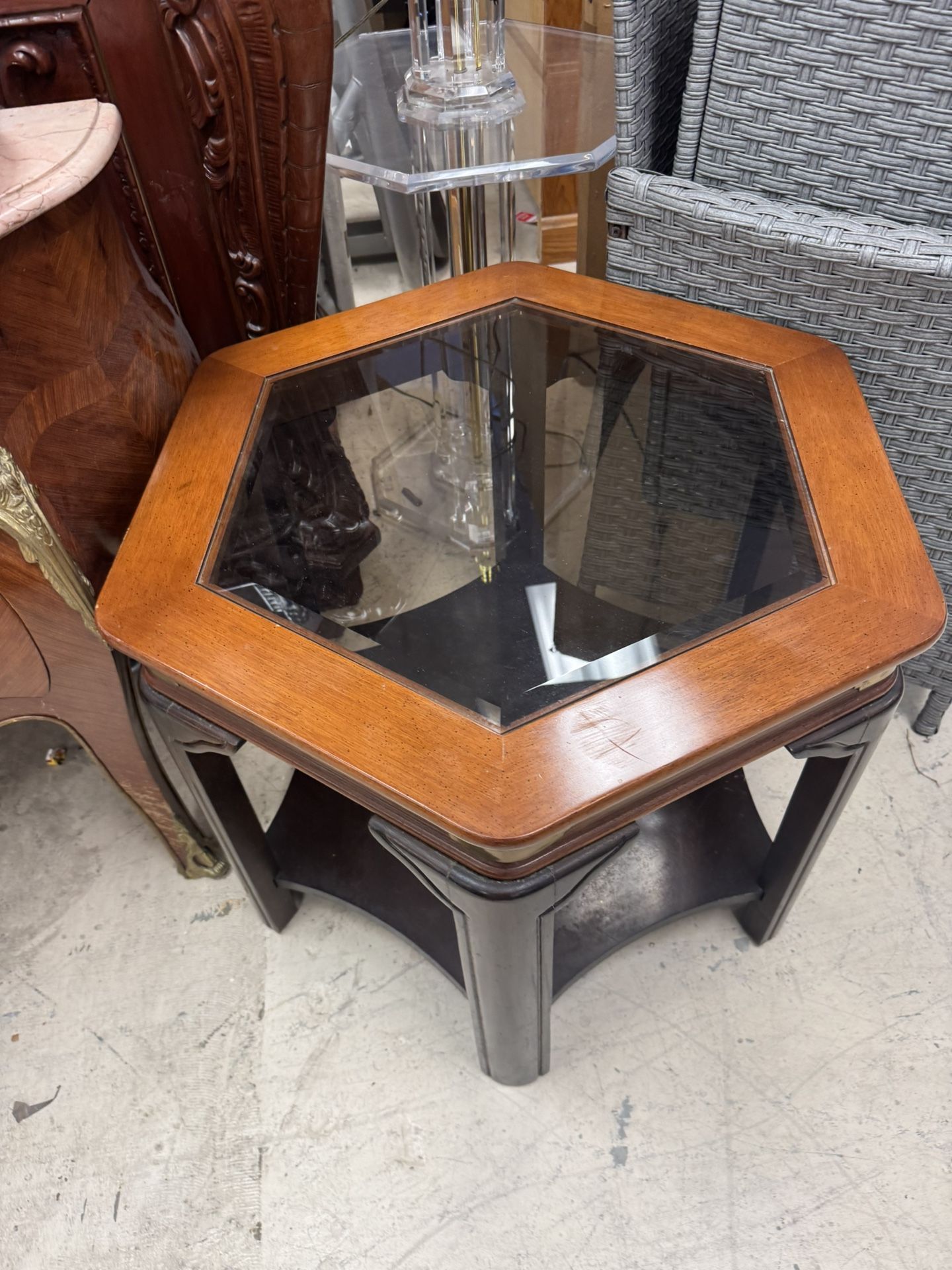 Chinese Style Hexagonal Mahogany, Walnut and Cane Top End Stand, Circa 1920 - Excellent Condition- Retail: $695