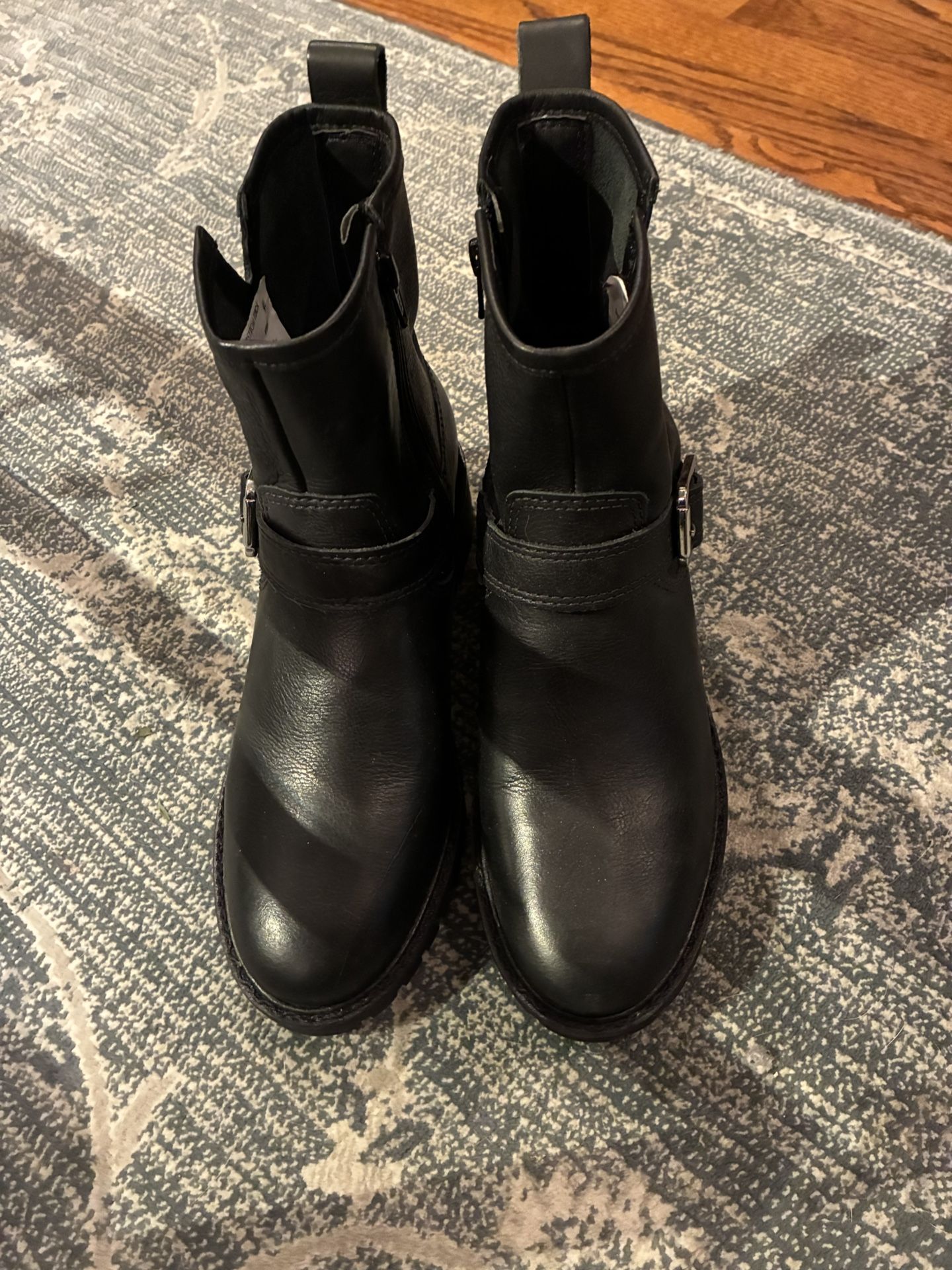 Women’s Black Leather Ankle Boots With Side, Zipper, And Buckle