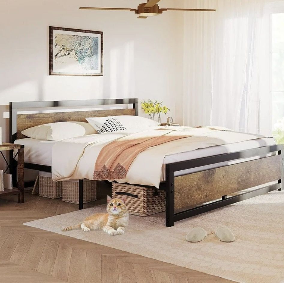 King Size Bed Frame with Modern Wooden Headboard,Heavy Duty Platform Metal Bed Frame with Square Frame Footboard, Brown