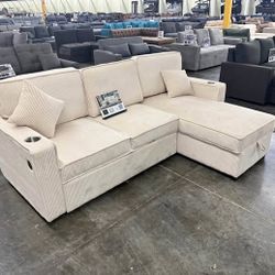 Beautiful! 2-pc Sectional Sofa With Ottoman Ivory Corduroy - New