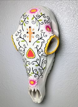 Cow Skull Cast Resin 15"
Wall Hanging  Hand-Panted Hearts Cross Scroll Floral  OOAK Original