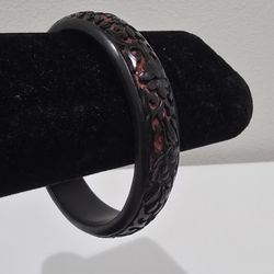 Vintage Bangle Bracelet Cinnabar Black And Red Carved Flowers