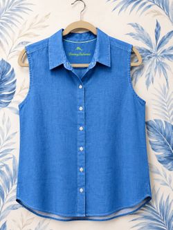 New with Tags Tommy Bahama sleeveless blouse in beautiful blue. Lightweight, comfortable, and perfect for warm-weather wear. Size Large.