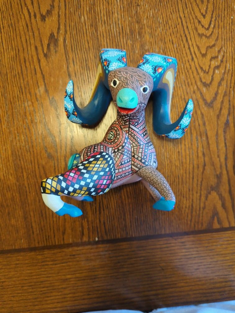 Multi-decorated and multi-colored Oaxacan Alebrije Ram bought directly from and signed by artists in Oaxaca
