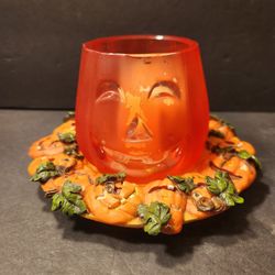 Vintage 1999 Spooky Hollow Pumpkin Candle Plate Holder Base Target Frosted Glass Halloween Wreath