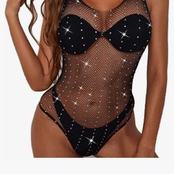 Fishnet Rhinestone Body Suit New One Size