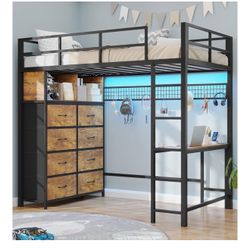 Twin Loft Bed with Desk & 8 Storage Drawers Tall Dresser, Metal Loft Bed with LED Lights & Charging Station, 2-Tier Storage Shelves, Stable & Sturdy, 
