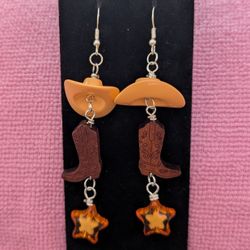 Handmade Cowboy Charm Dangle Earrings – Orange Hat, Wooden Boots & Star Accents – Hypoallergenic Hooks