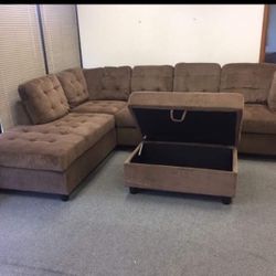 New Chocolate Brown Sectional Sofa Chenille Couch With Large Storage Ottoman 