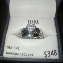 NEW 10k Bridal Set- White Gold Engagement Ring & Band w/ Diamond Accents 