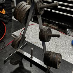 147 lb BECO Cast Iron Plate Set + Steel Rack – $225