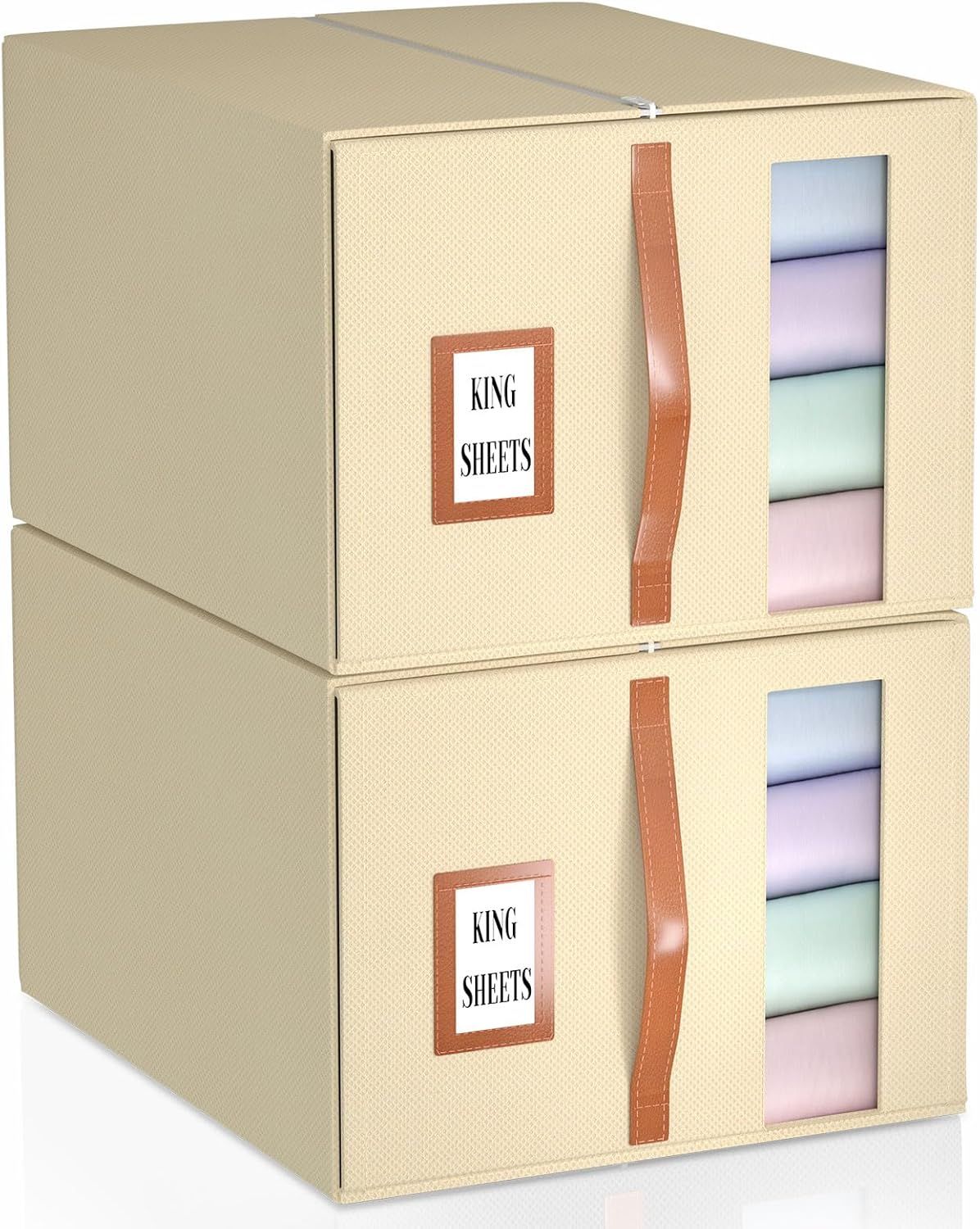 2 Pack Bed Sheet Organizer and Storage, 2 IN 1 Large Storage Bins for Linen Closet (Queen or King Size) - Sheetcube Foldable Storage Containers- Beige