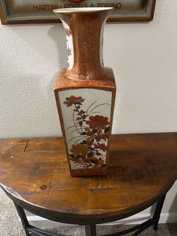 Large 19” tall vintage square ceramic vase featuring hand-painted iron-red figural and floral panels with a flared gold-rimmed neck