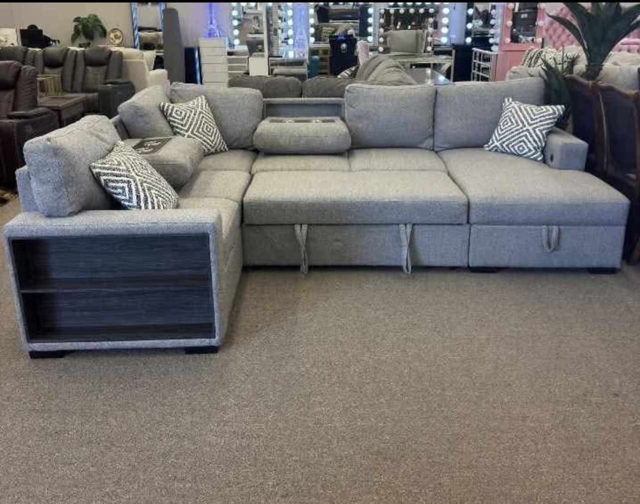 Sofa Sleeper Sectional On Sale! Bookcase Arms, Storage, USB Chargers And So Much More! No Credit Needed Finance Available! Take Home For Just $39 Down