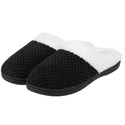Size 7.5 Women's Cozy Memory Foam Slippers Fuzzy Plush Comfortable House Shoes Indoor Outdoor Anti-Skid Rubber Sole Flats Black