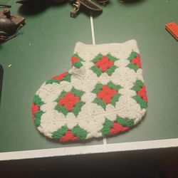 Vintage Handmade Crochet Pointsettia Granny Square Christmas Stocking
