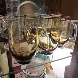 VTG MCM LIBBEY SMOKEY TEMPO BROWN GLASSES MUGS TANKARDS W HANDLES SET 6 
