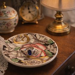 Myott Son England 1940s Bermuda Floral Glazed Earthenware Pin Dish, 4.25”