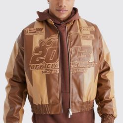 Boxy Pu Panelled Applique Moto Jacket