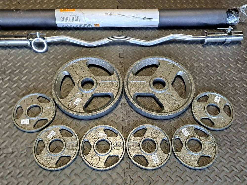CAP SOLID STEEL OLYMPIC CURL BAR w/ CHROME FINISH & SET SCREW COLLARS $60 FIRM. Weights are NOT INCLUDED but Available
