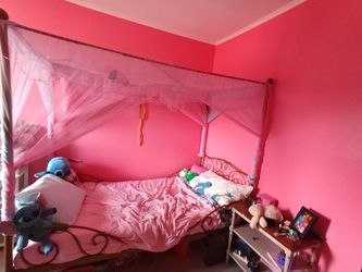 Twin little girl's gold canopy bed