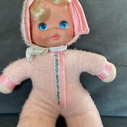Mattel Snuggle Baby Girl Doll Pink Blonde Blue Eye Stuffed Plush Toy 1983 VTG 80