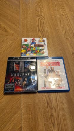 Warcraft 4K ultra HD, wedding crashers Blu-ray disc, super Mario 3-D land Nintendo 3DS