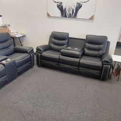 Black Faux Leather Power Reclining Sofa And Loveseat 