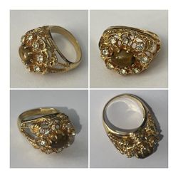 Gold Toned Cocktail Ring Citrine Gemstone Rhinestone Accents Heavy Electroplate