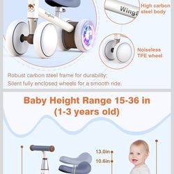 Baby Balance Bike for 1-3 Year Old Boys Girls, 12-36 Month Toddler Balance Bike, 4 Silence Wheels Toddler Balance Bike, with Adjustable Seat, Baby Bik