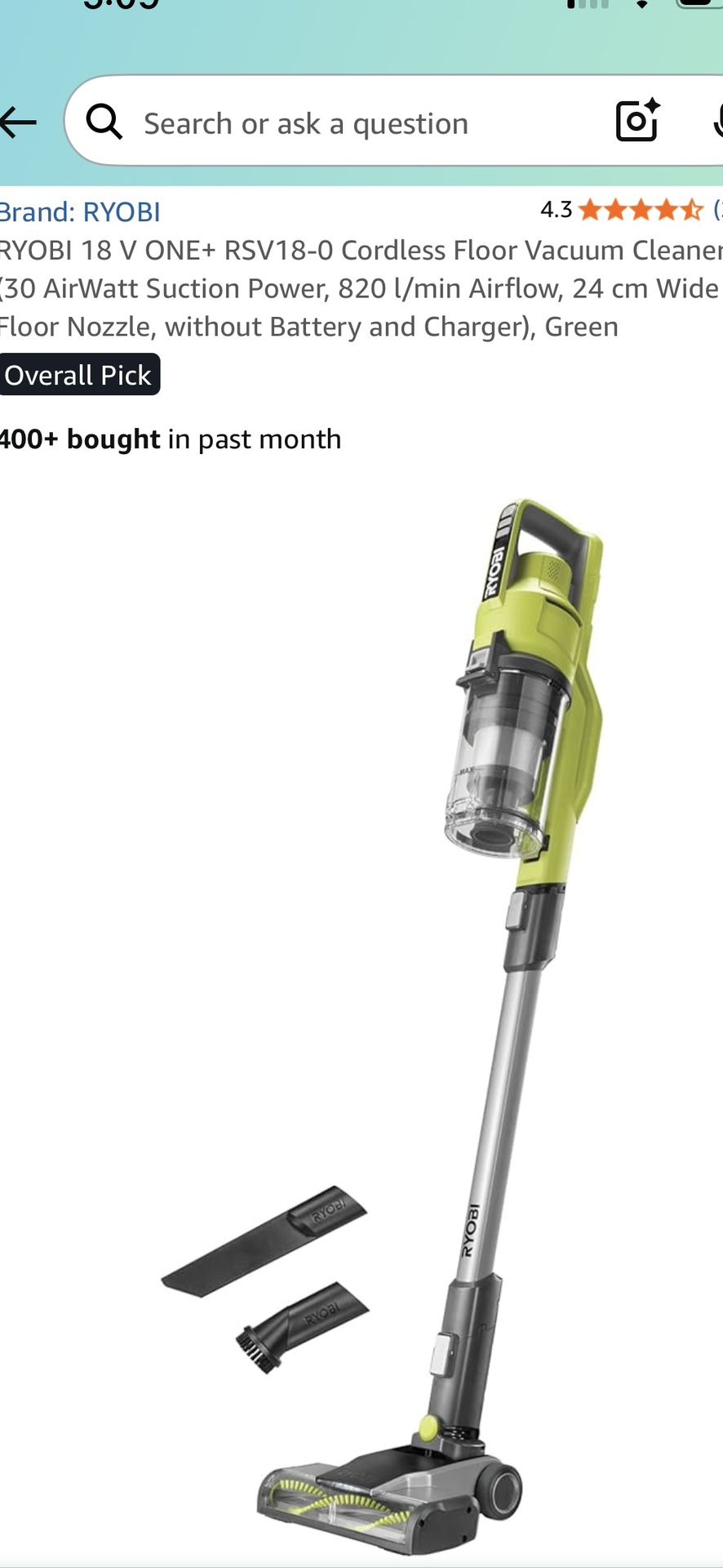 RYOBI 18 V ONE+ RSV18-0 Cordless Floor Vacuum Cleaner