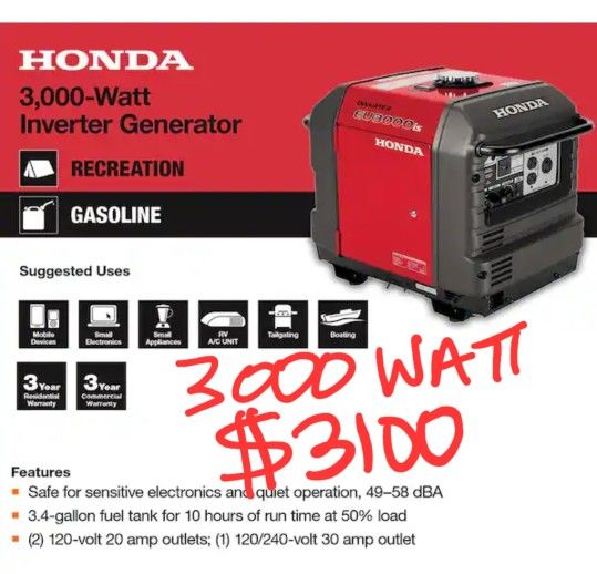NEW HONDA GENERATOR SUPER QUIET, 110V & 30A RV CONNECTION,FINANCING AVAILABLE