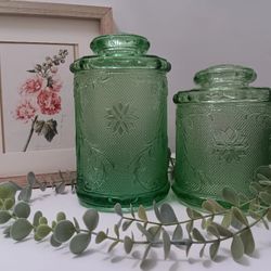 Vintage Indiana Glass Tiara Chantilly Green Jars For SALE 